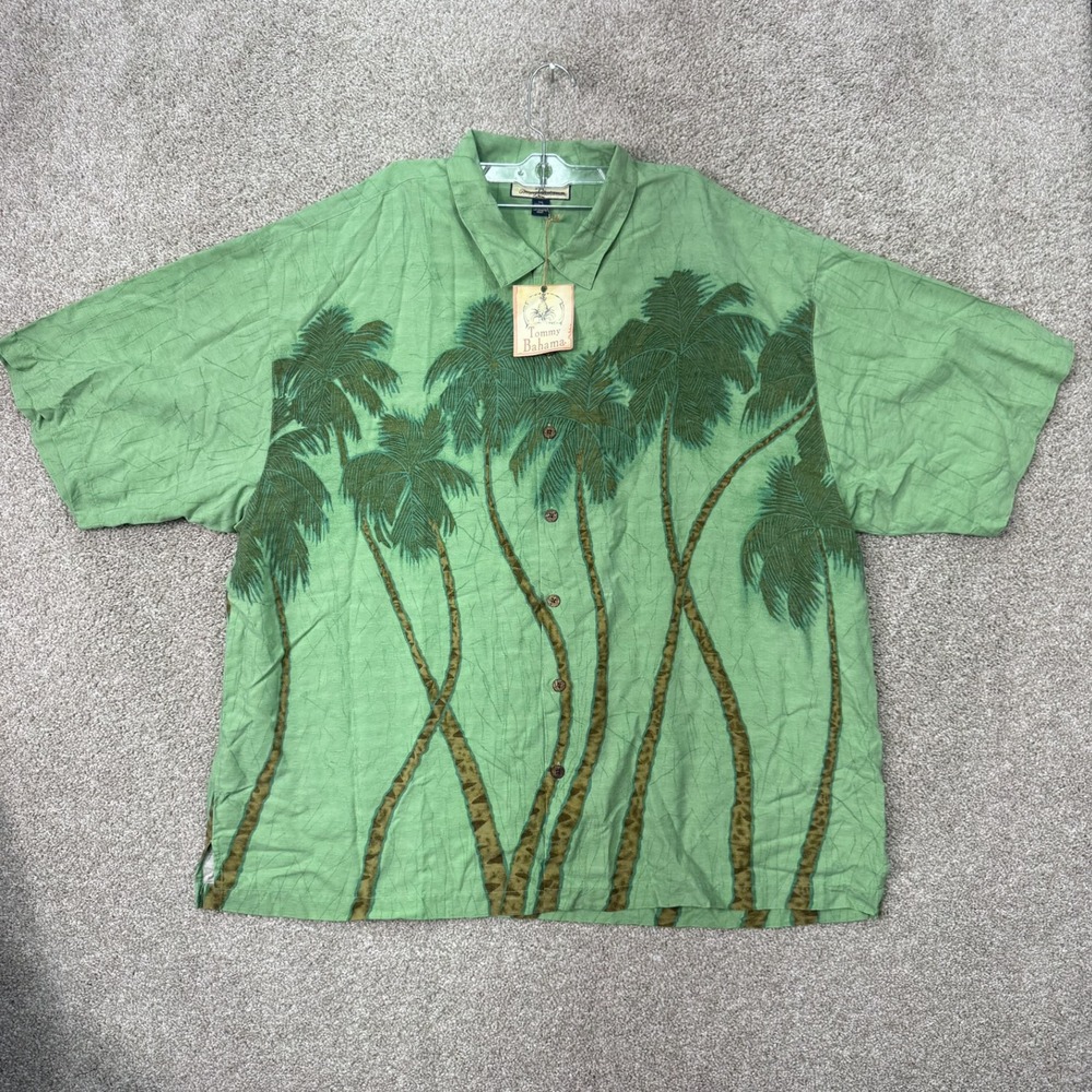 Tommy Bahama Button Up Shirt Men XXL Green Silk Palm Tree Tropical Aloha